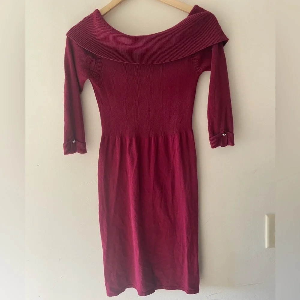White House Black Market Burgundy Cowl Neck‎ Ribbed Sweater Dress
